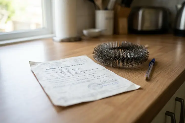 Reinigingsattest van een schoorsteen ingevuld op een keukentafel naast een veegborstel